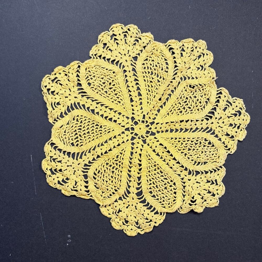 Yellow Round Doily Table Topper Handmade Floral Pattern Lace Vintage Retro